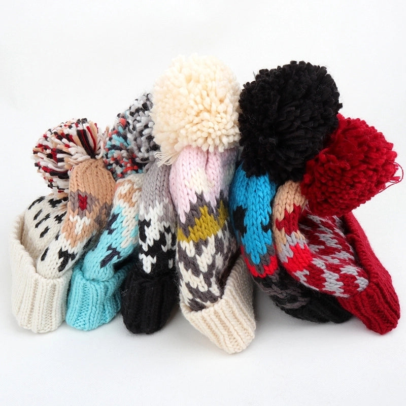 Unisex Retro Ethnic Style Color Block Pom Poms Eaveless Wool Cap