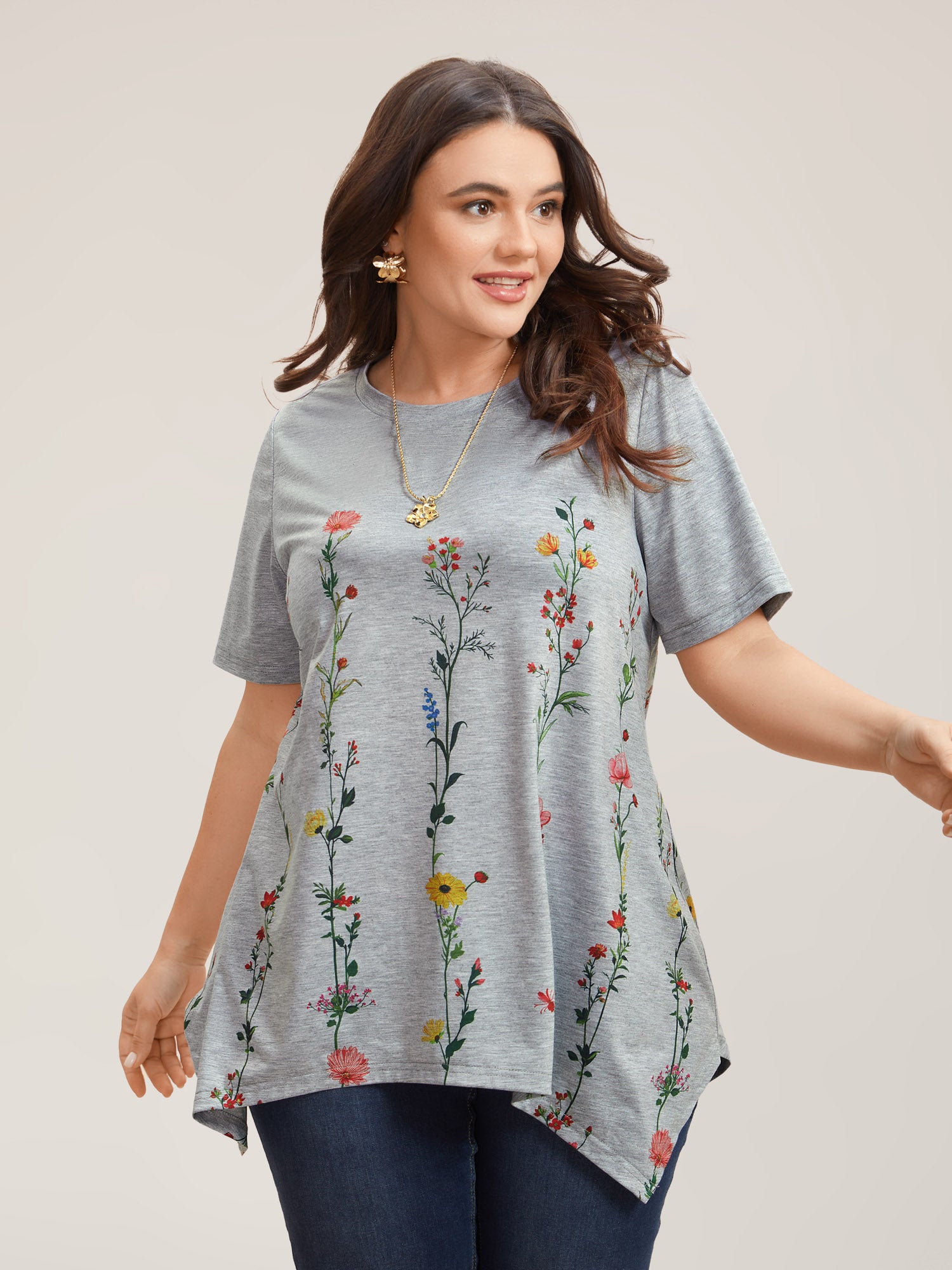 Stretchy Hi-Low Hem Floral T-Shirt