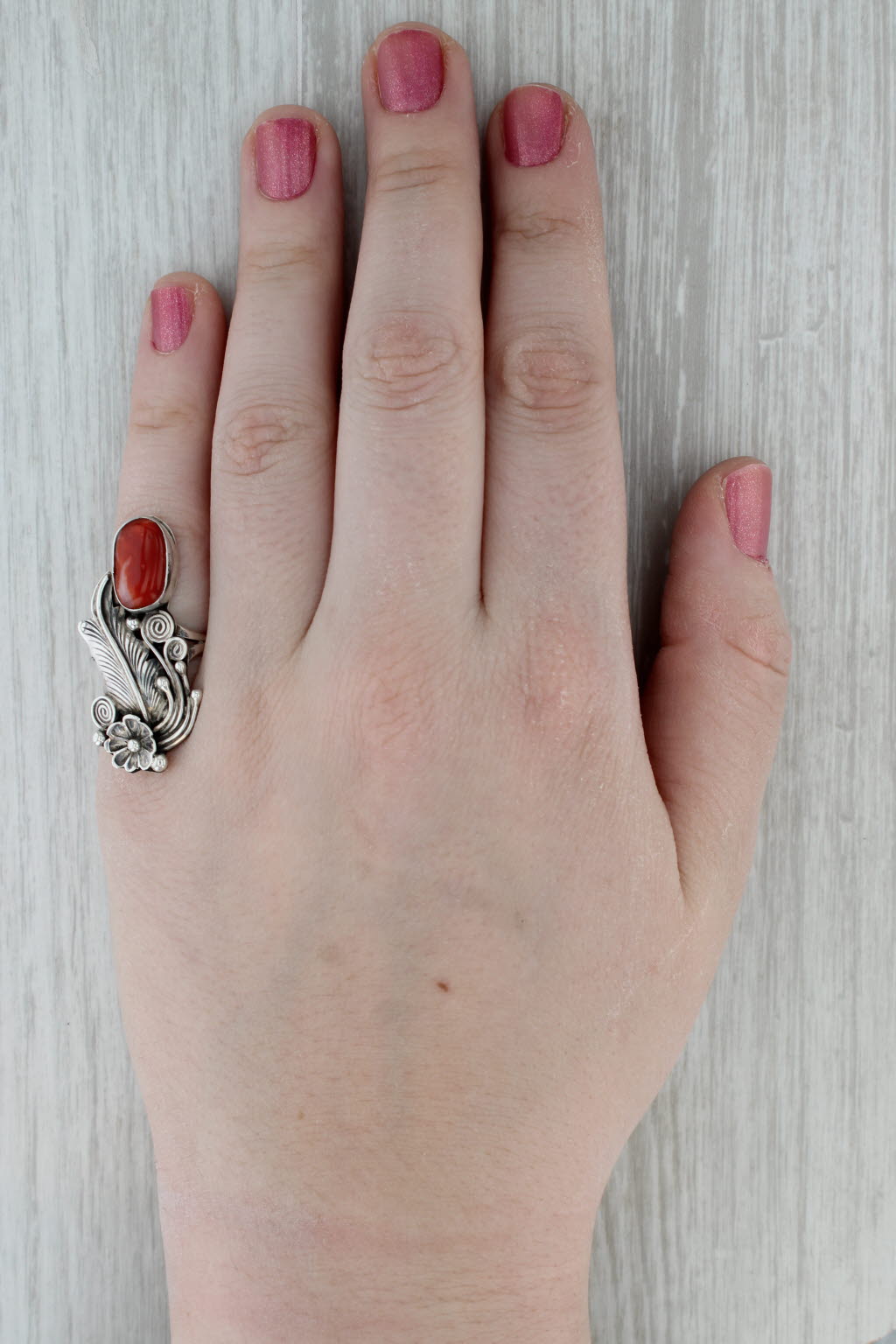 Vintage Yazzie Navajo Native American Coral Feather Ring Sterling Silver