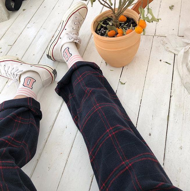 Straight Plaid Cotton Trousers