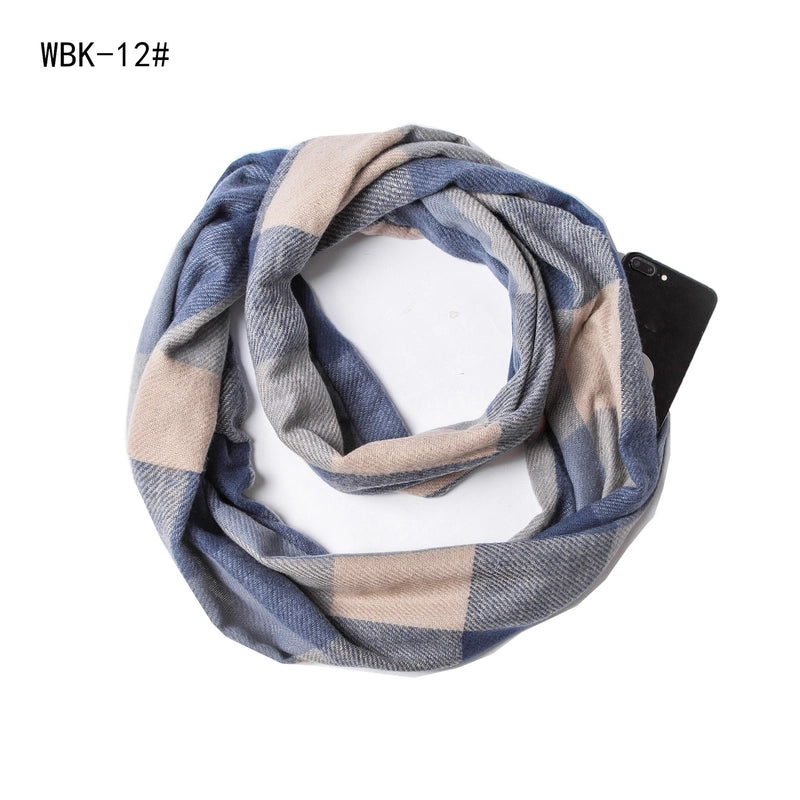 Hot Autumn And Winter New Scarf Men And Women Couple Thickened Pullover Plaid Zipper Pocket Scarf