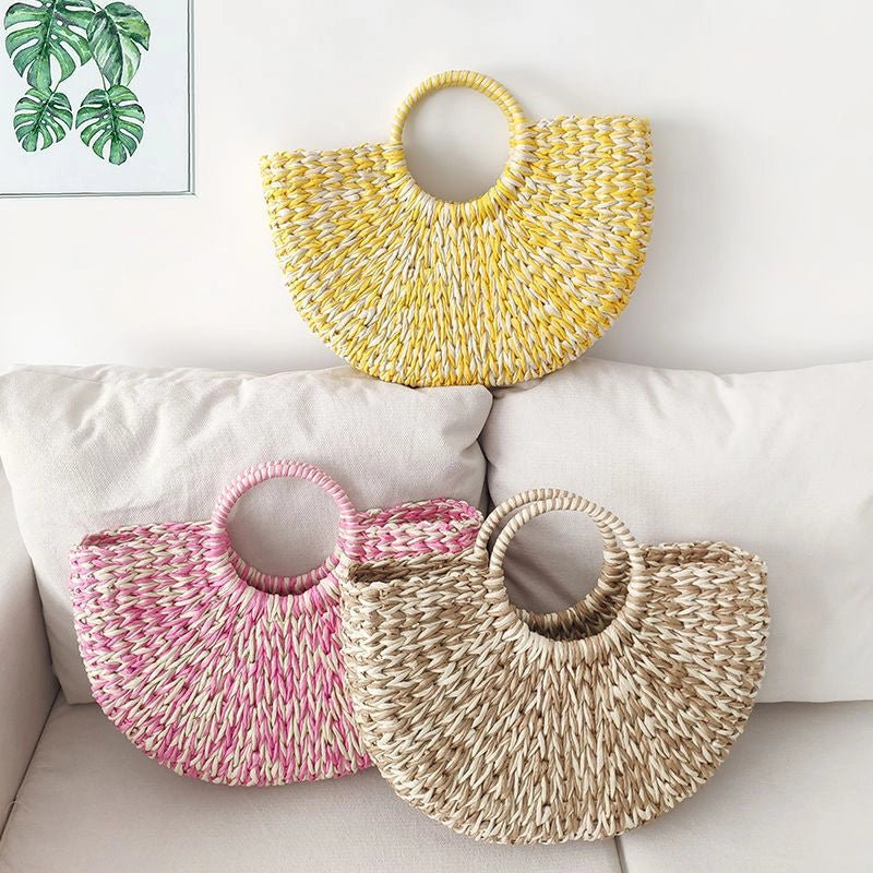 3 Pieces Women's Large Paper Multicolor Streetwear Weave Round Open Straw Bag