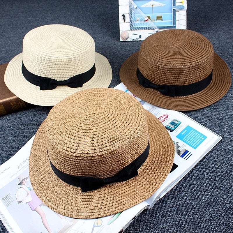 Straw Hat Sun Hat Trendy Women Summer Bow Straw Flat Top Hat