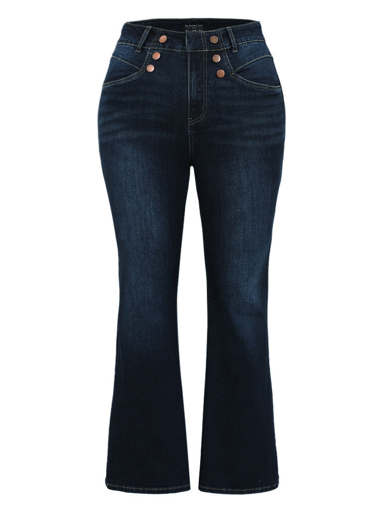 Flare Leg Button Detail High Rise Jeans