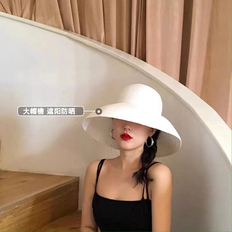 Elegant  Hepburn Style Hat Black Small Brim Straw Hat Women's Summer Beach Sunshade Hat Sunscreen Sun Hat
