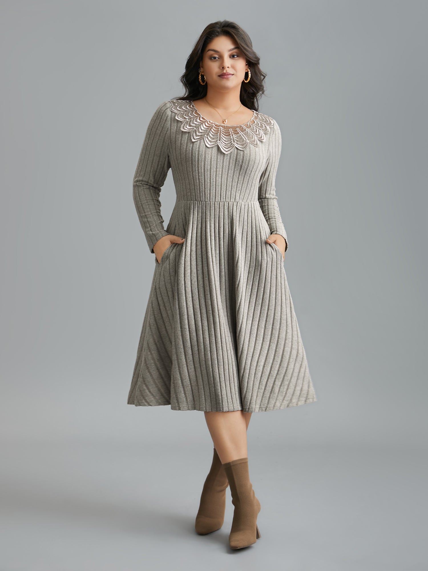 Lace Neck Patchwork Ribbed Knit Dress