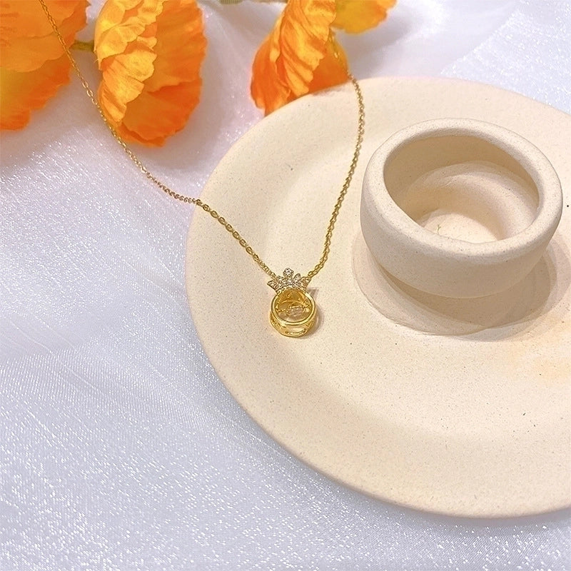 Titanium Steel Lady Inlay Heart Shape Flower Artificial Gemstones Pendant Necklace