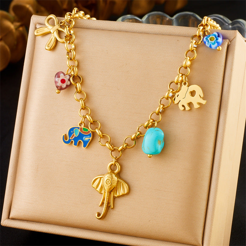 Personalized Hollow Round Plate Epoxy Elephant Sweater Chain Stainless Steel Color-Preserving Accessories Goldfish Pendant Necklace