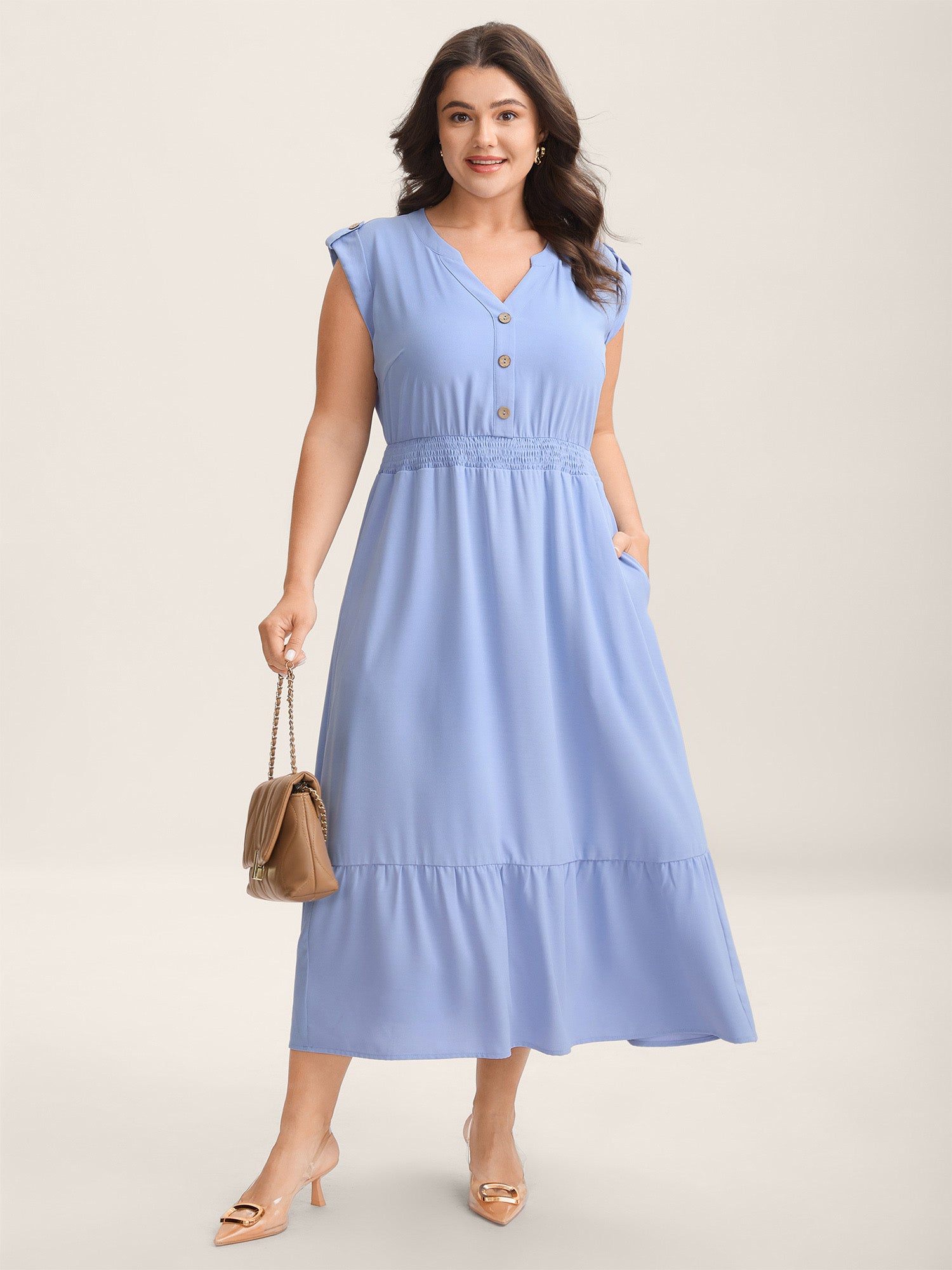 Shirred Waist Button Detail Pockets Midi Dress