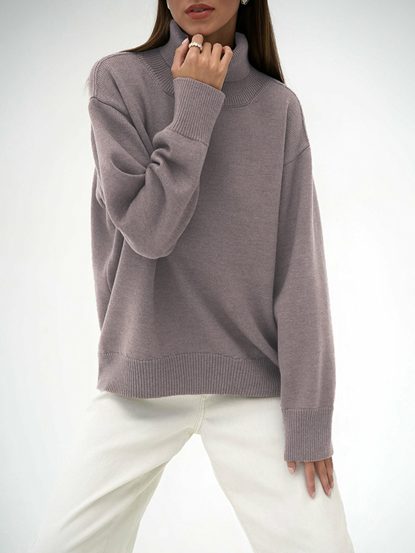 Long Sleeves Loose Solid Color High Neck Knitwear Pullovers Sweater Tops