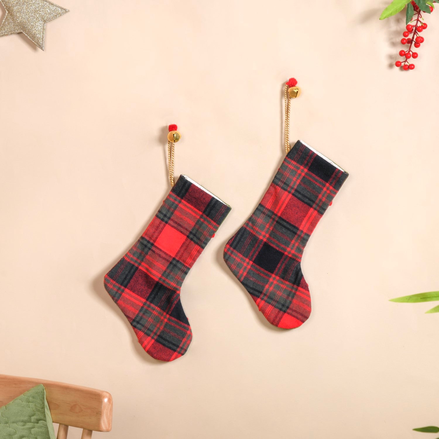 Plaid Bell Santa Stockings Set Of 2