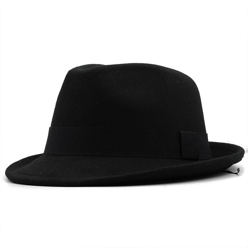New Brim Hat Woolen Jazz Hat  Top Hat With Hat Band Solid Color Woolen Hat