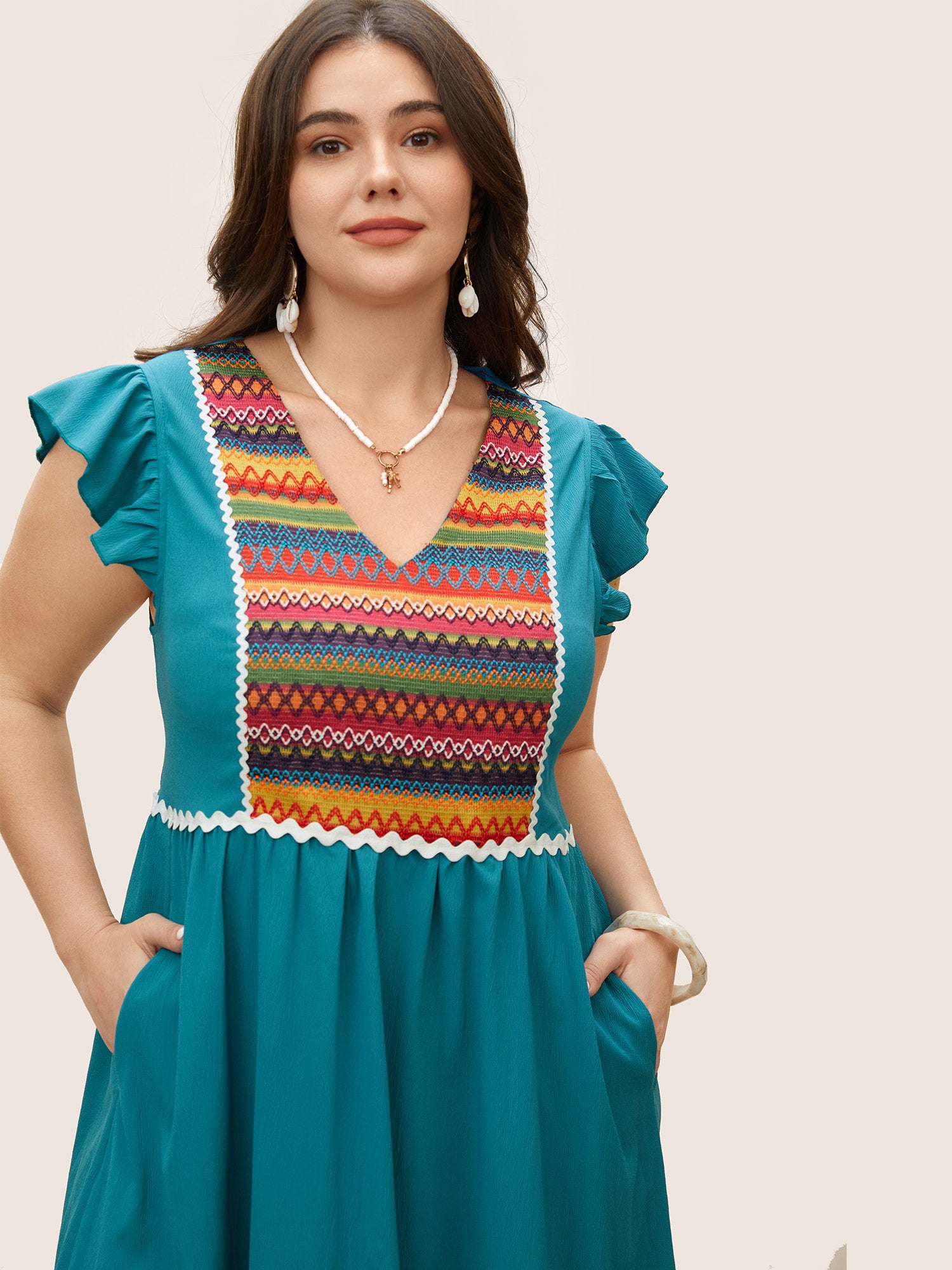 Color Embroidered Patchwork Flounce Sleeve Dress