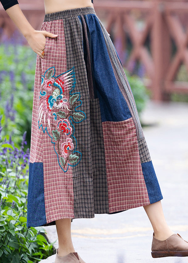 Vintage Blue Embroidered Floral Plaid Patchwork Elastic Waist A Line Skirt Summer