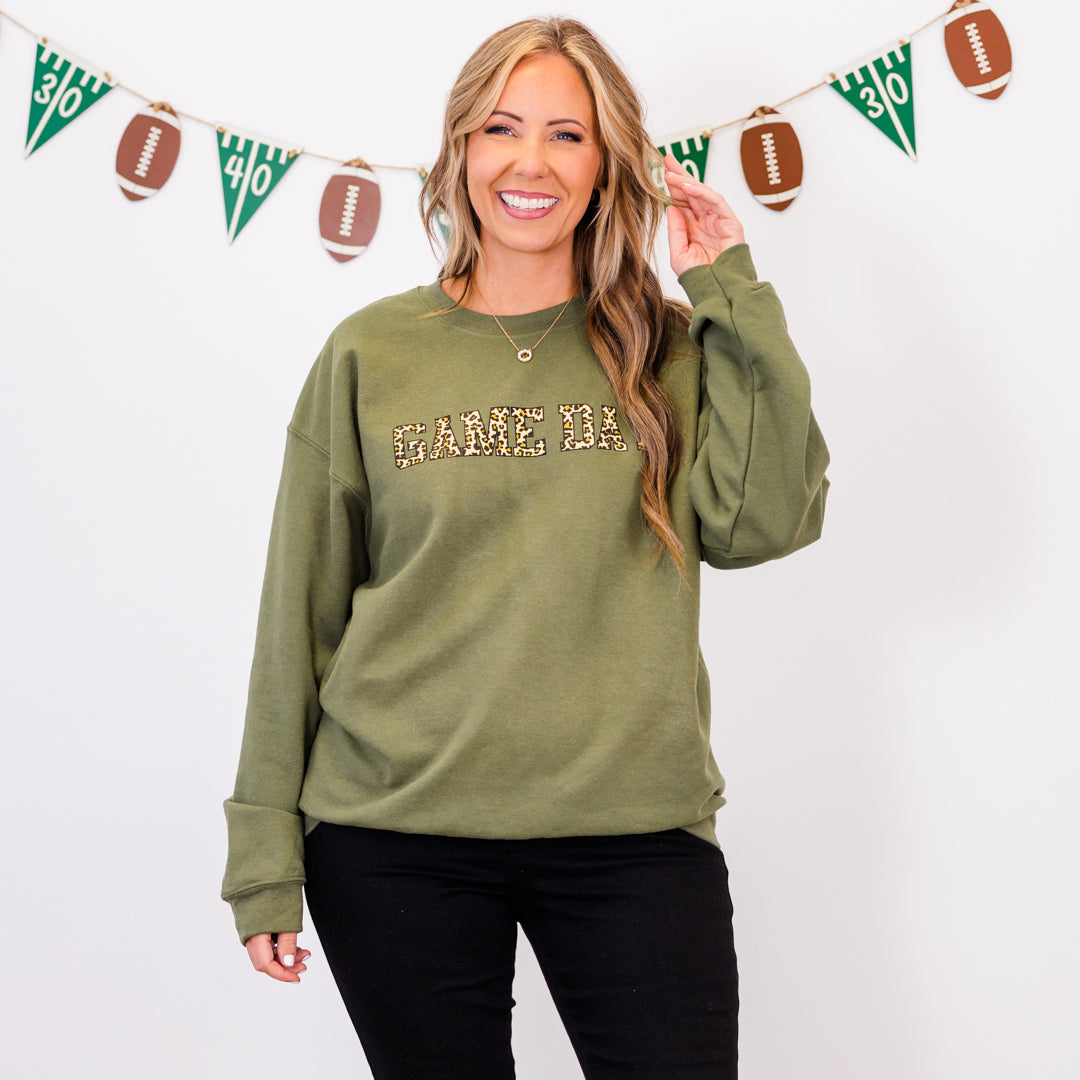 Game Day Leopard Sweatshirt. Military Green