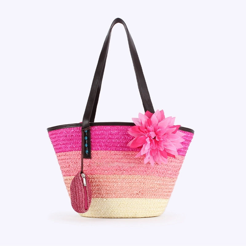 Women's Large Straw Color Block Vacation Beach Weave Bucket Zipper Beach Bag