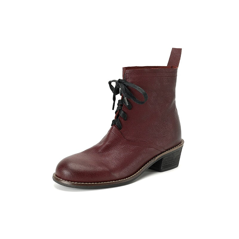 Retro Sheepskin Lace-Up Ankle Boots 40mm Block Heel Martens Boots Grey/Black/Encore Red