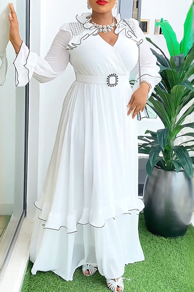 Elegant Solid Color Patchwork With Belt Stringy Selvedge Mandarin Collar Long Plus Size Dresses