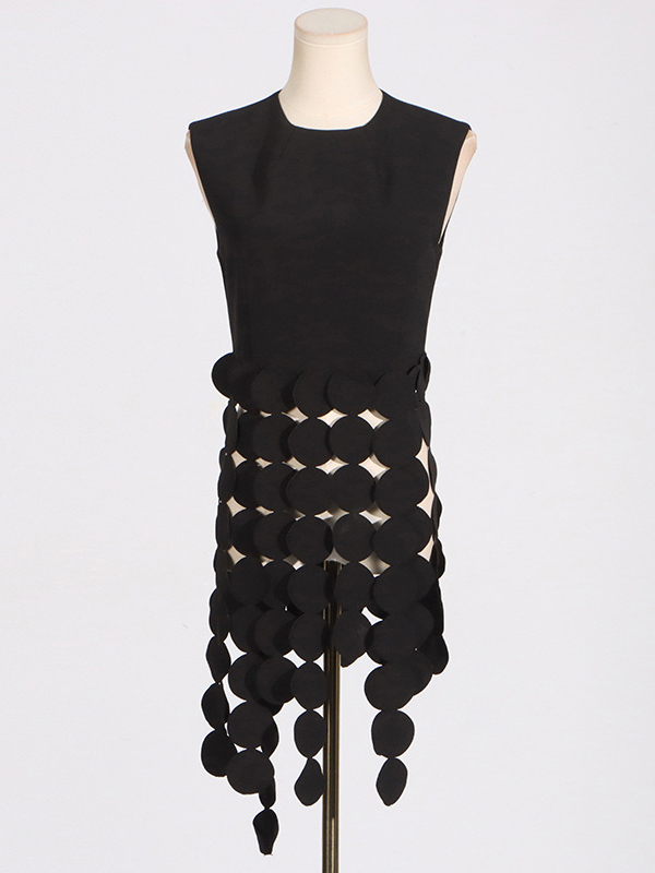 Sleeveless Polka-Dot Solid Color Split-Joint Tasseled Round-Neck Vest Top