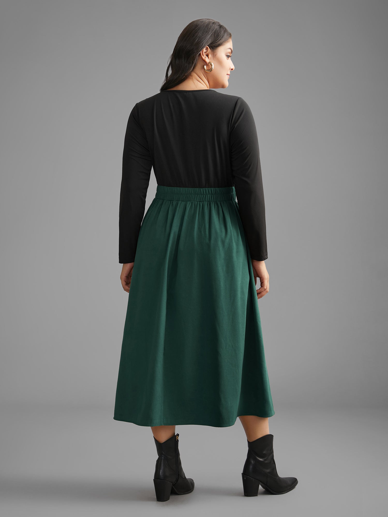Crew Neck Contrast Shirred Pleated Dress