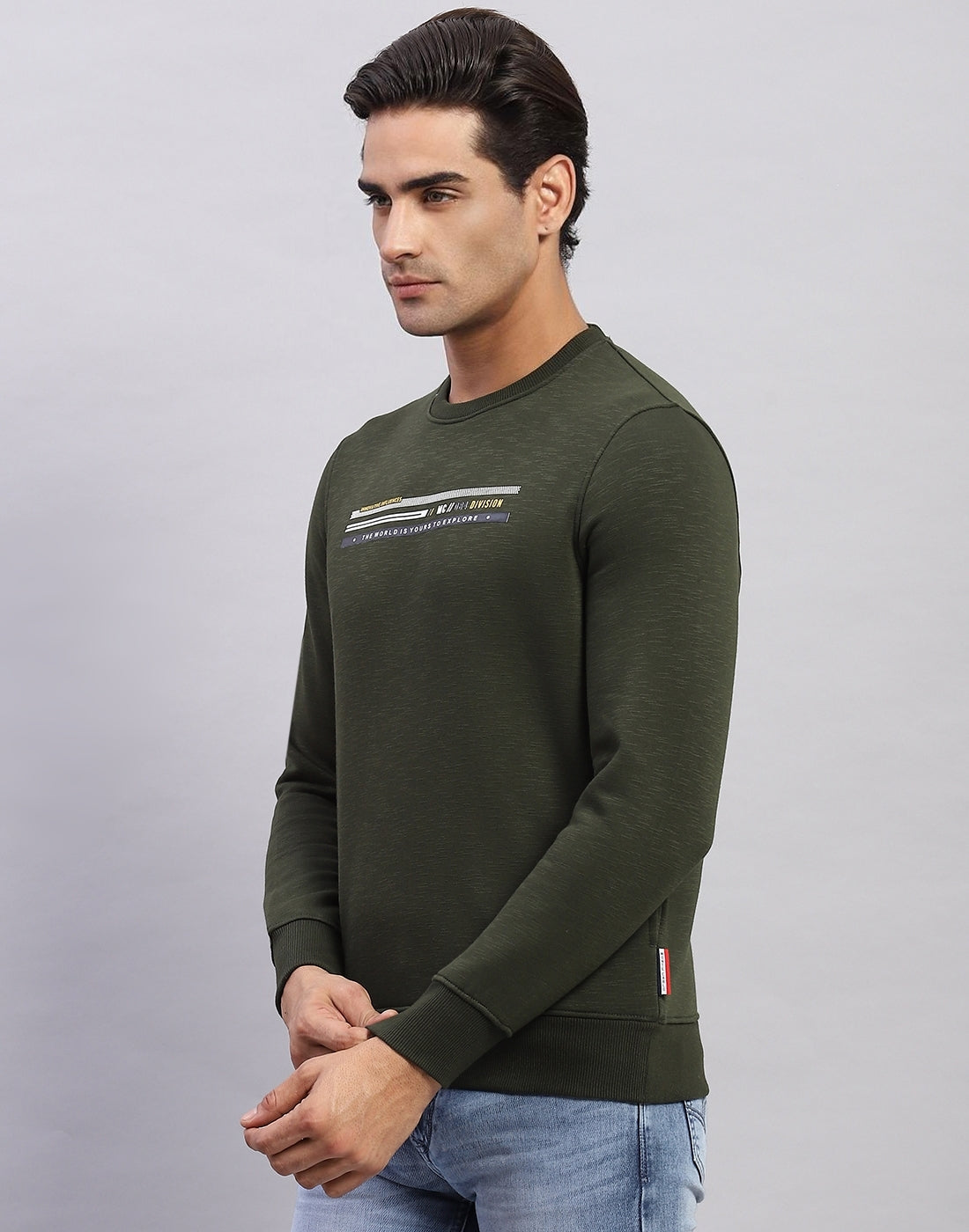 Men Olive Printed Round Neck Full Sleeve Sweatshirt