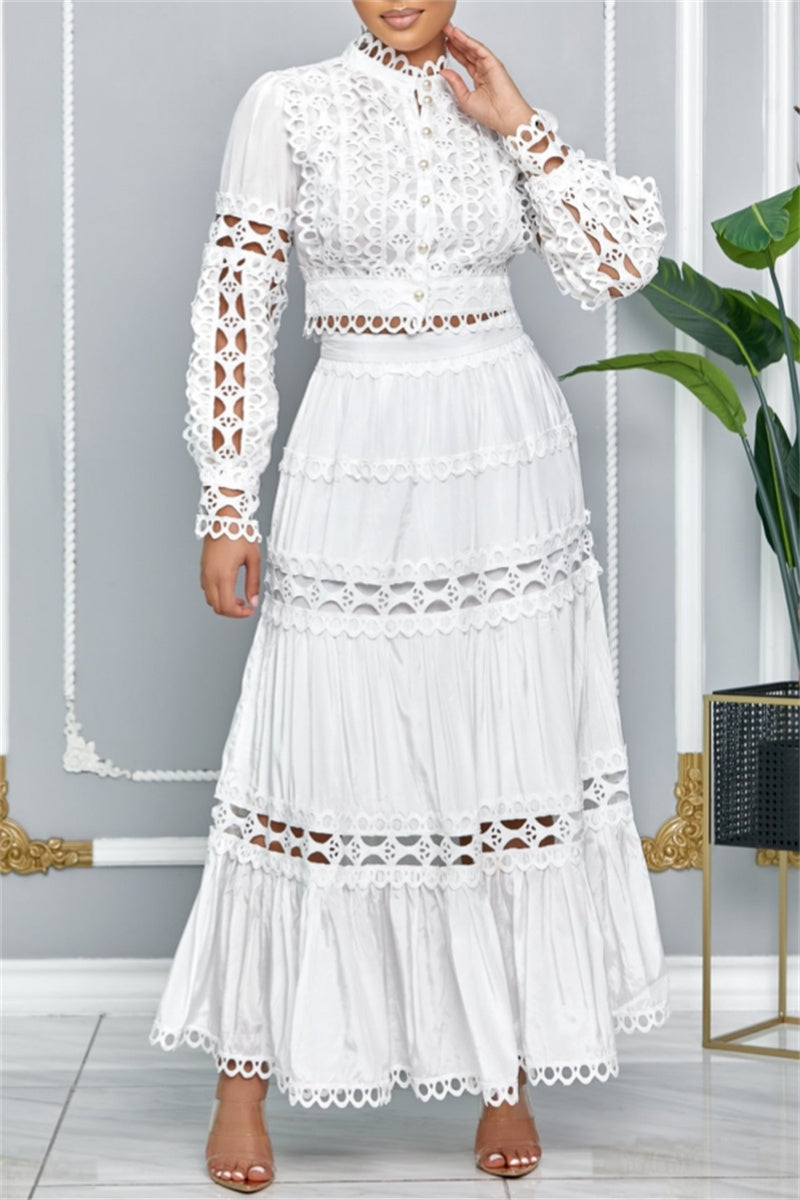 Casual Solid Color Hollow Out Mandarin Collar Long Sleeve Two Pieces