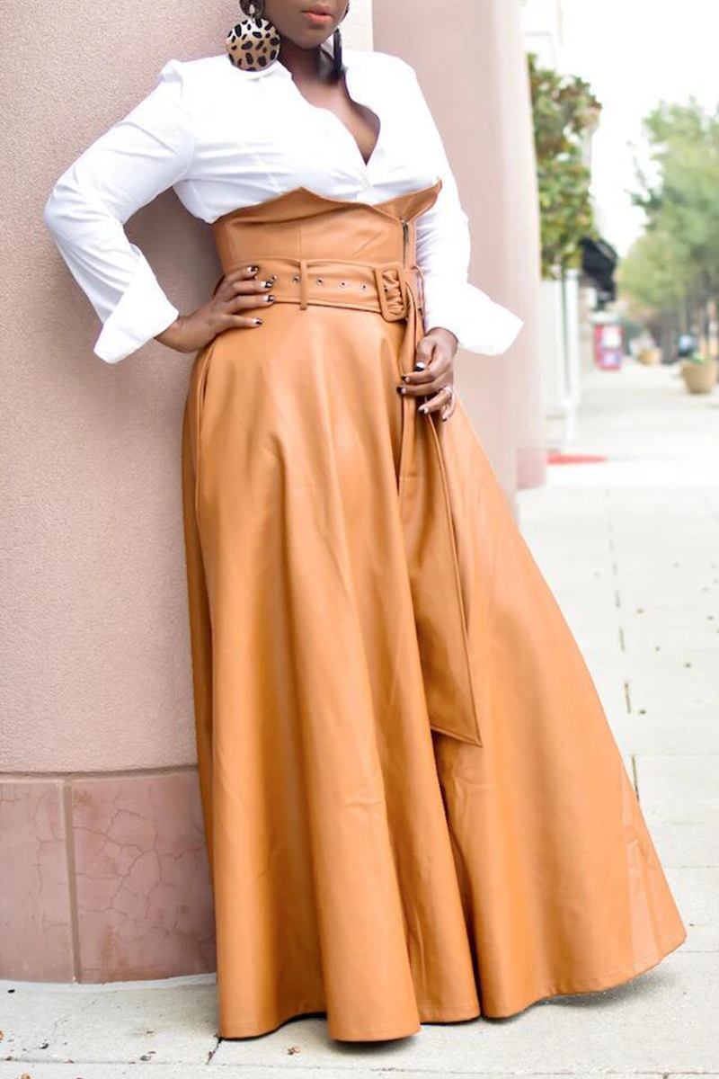 Sexy Solid Patchwork Loose High Waist Type A Solid Color Bottoms