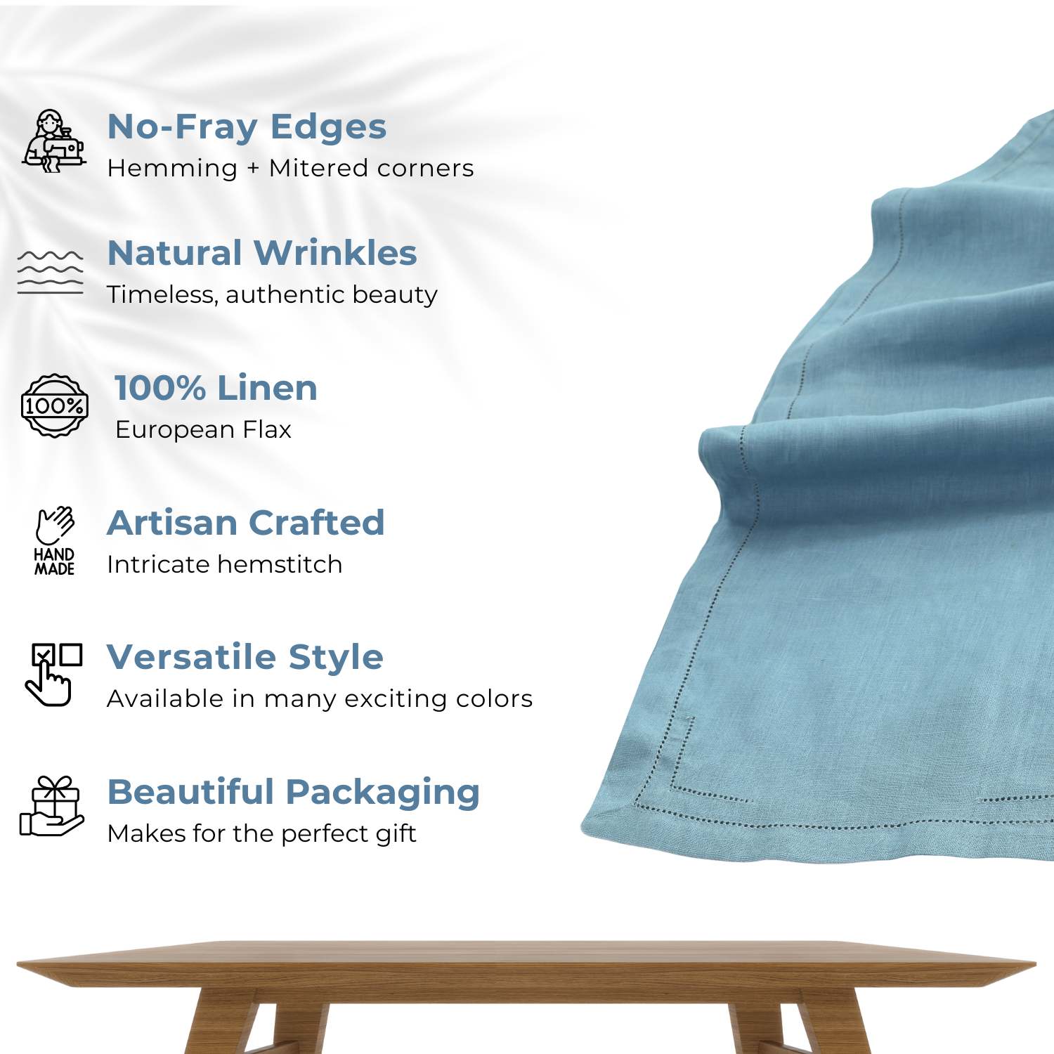 Dusty Blue 100% Linen Incomplete Hemstitch Table Runner 72