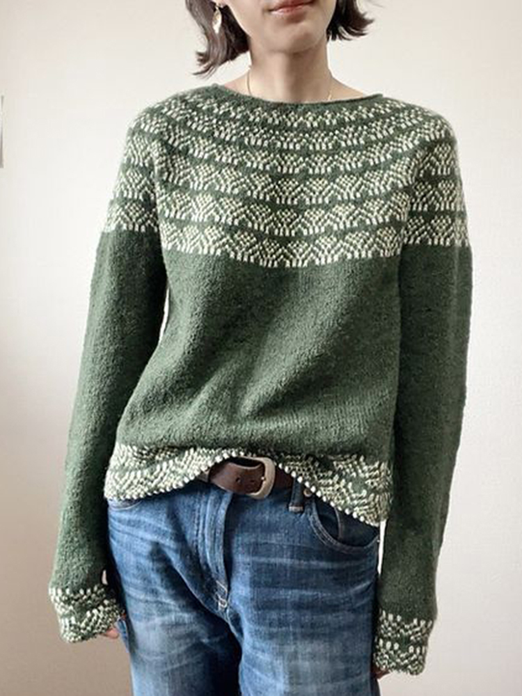 Vintage Jacquard Long-Sleeved Crew Neck Sweater