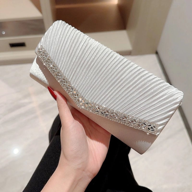 New Evening Bag Fashionable Pleated Clutch With Rhinestone Velvet Simple Dinner Crossbody Women's Bag