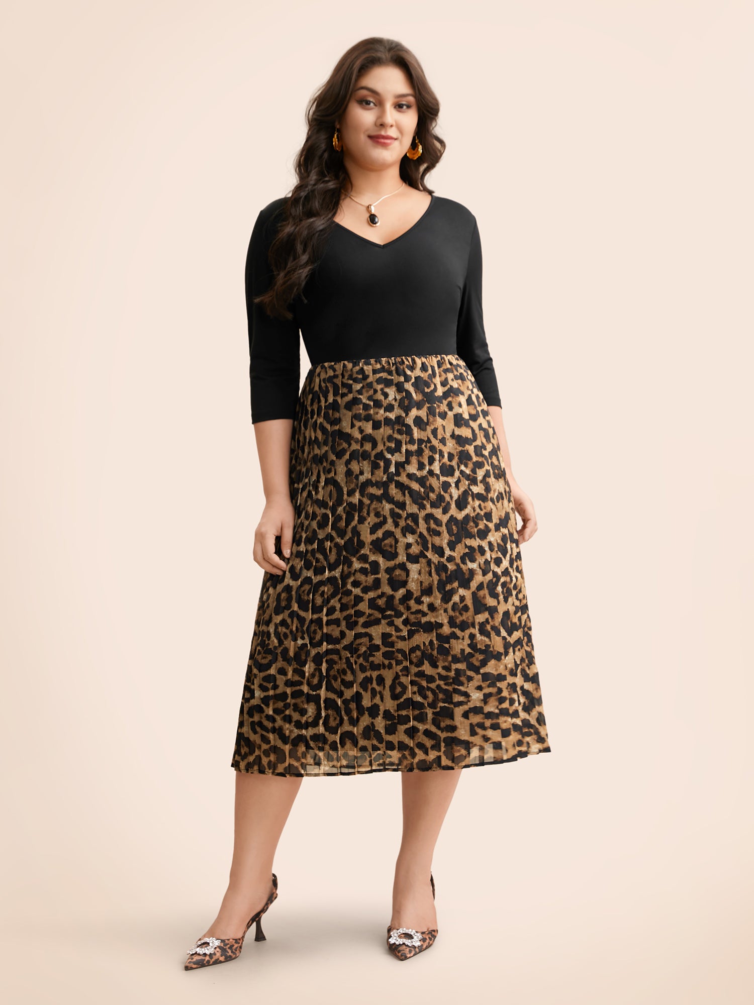 V Neck Leopard Print Patchwork Dress