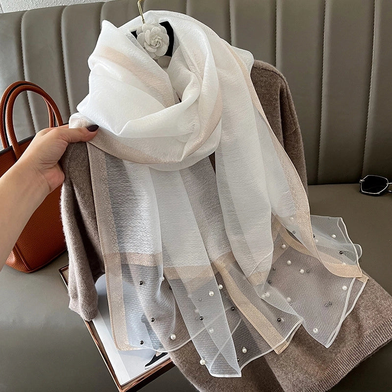 Women's Minimalist Color Block Satin Pearl Silk Scarf