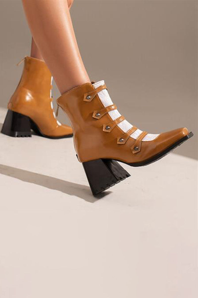 Colorblock Button Decor Square Toe Chunky Heels Ankle Boots