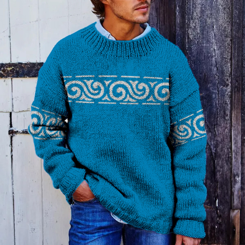 Lake Blue Waves Ethnic Jacquard Iceland Crew Neck Sweater