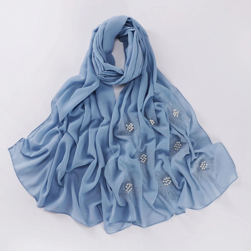 New Flower Hot Drilling Nail Bead Scarf Pearl Chiffon Muslim Scarf Middle East Hui Hijab Long Scarf
