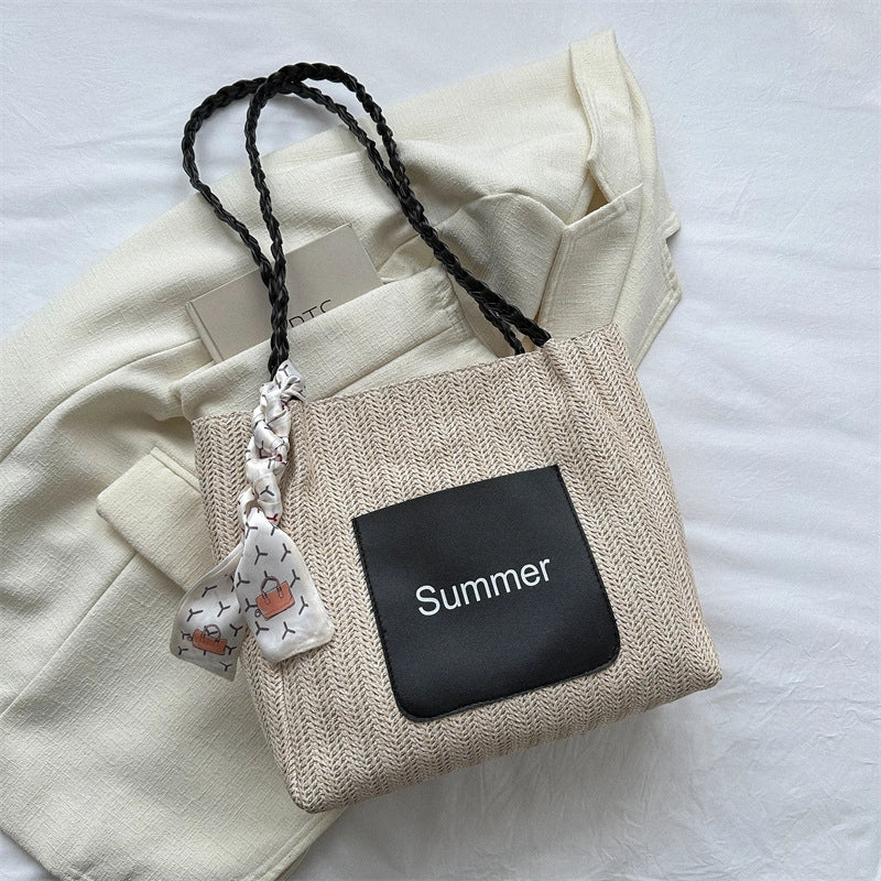 Women's Medium Straw Letter Color Block Vacation Beach Zipper Tote Bag