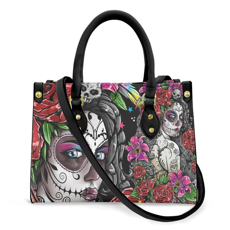 Halloween Women's Medium Pu Leather Human Floral Streetwear Square Hook Loop Customized Tote Bag