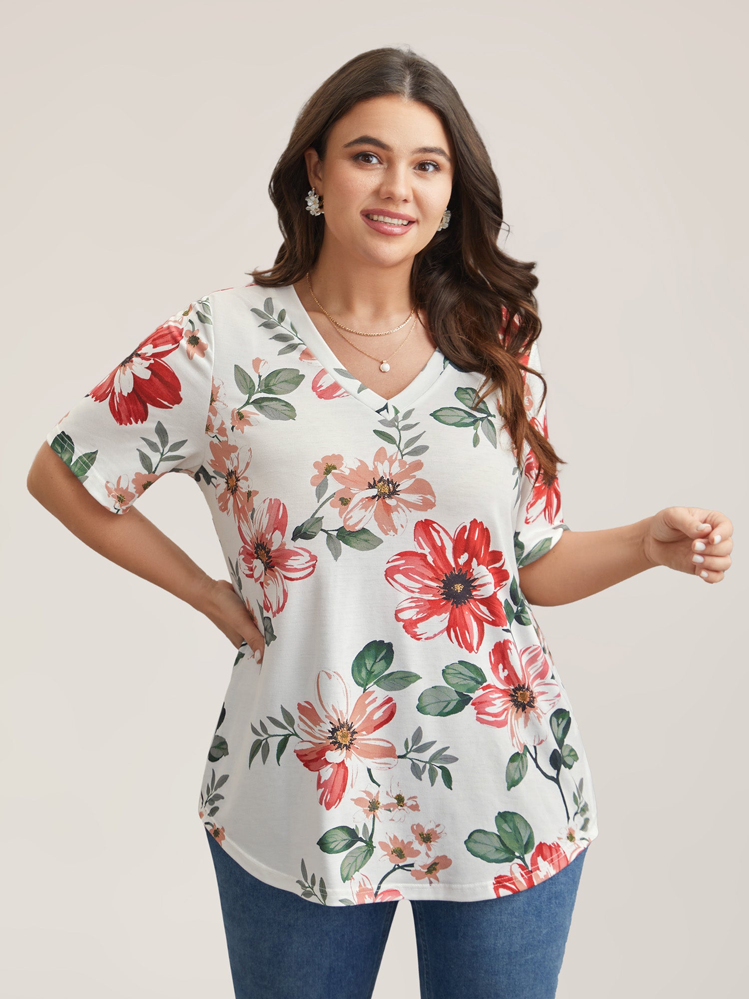 Multi-Color Floral Print V-Neck T-Shirt
