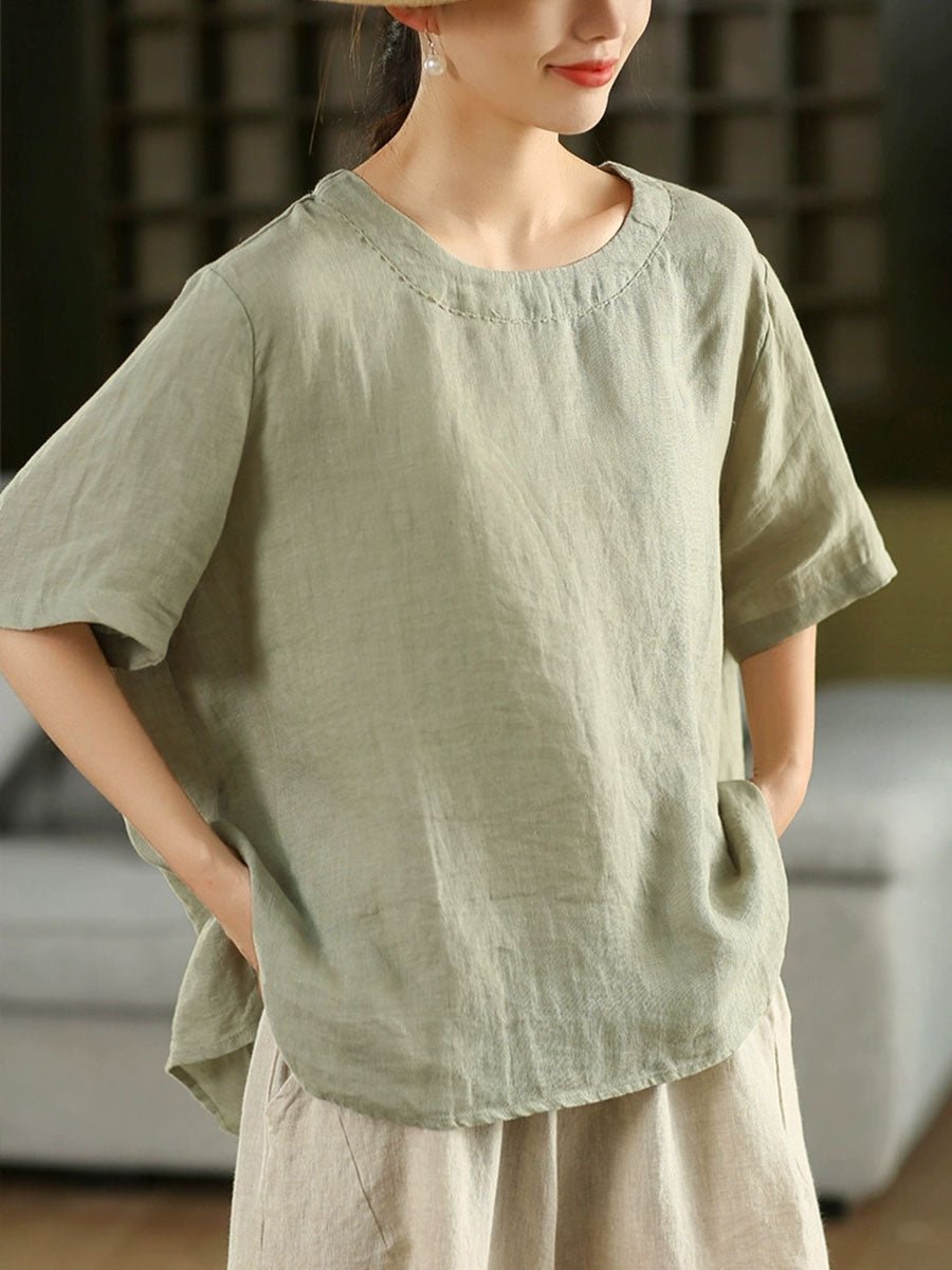Women Summer Retro Pure Color O-Neck 100%Linen Shirt
