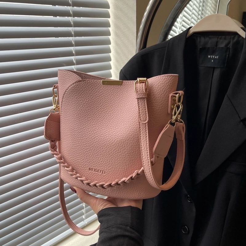 Women's Medium Pu Leather Solid Color Classic Style Sewing Thread Magnetic Buckle Bucket Bag