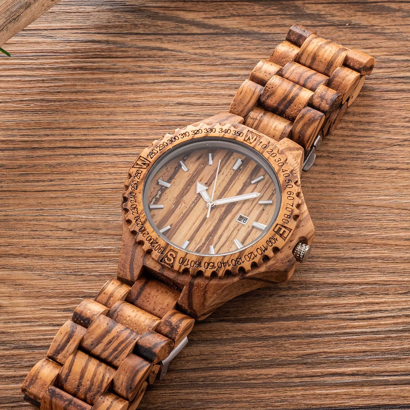 Natural Zebra Mens Quartz Calendar Wood Watch