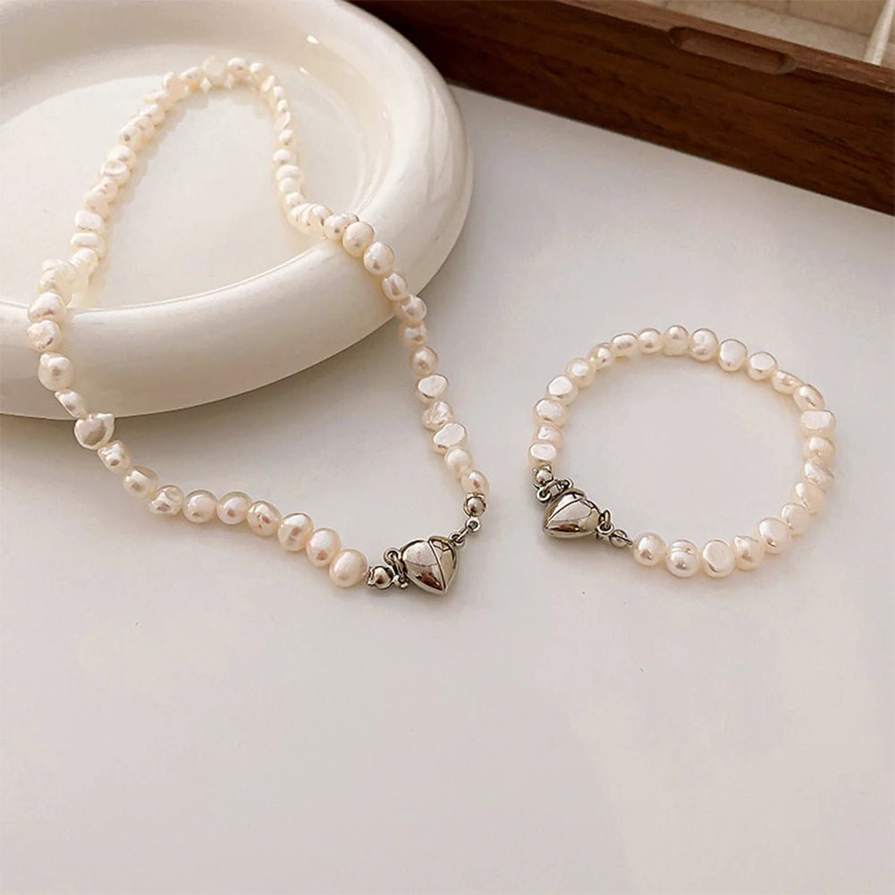 Magnetic Heart Pearl Choker Necklace and Bracelet