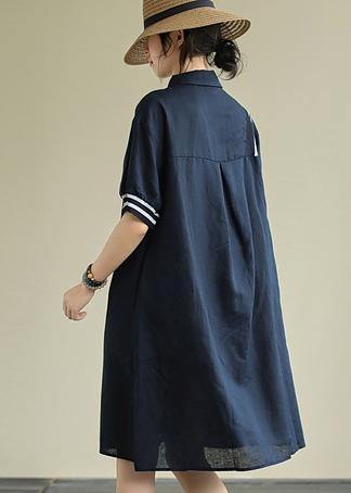 Women lapel Button Down linen summer Robes design navy striped Dresses