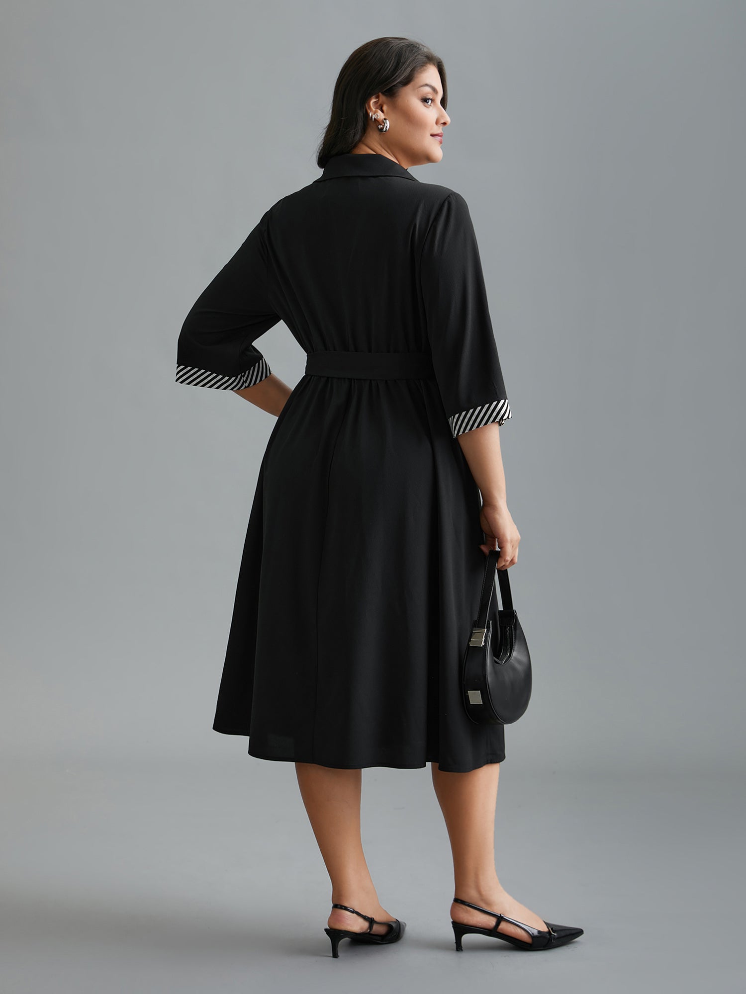 Tab Sleeve Striped Belted Shirt Dress