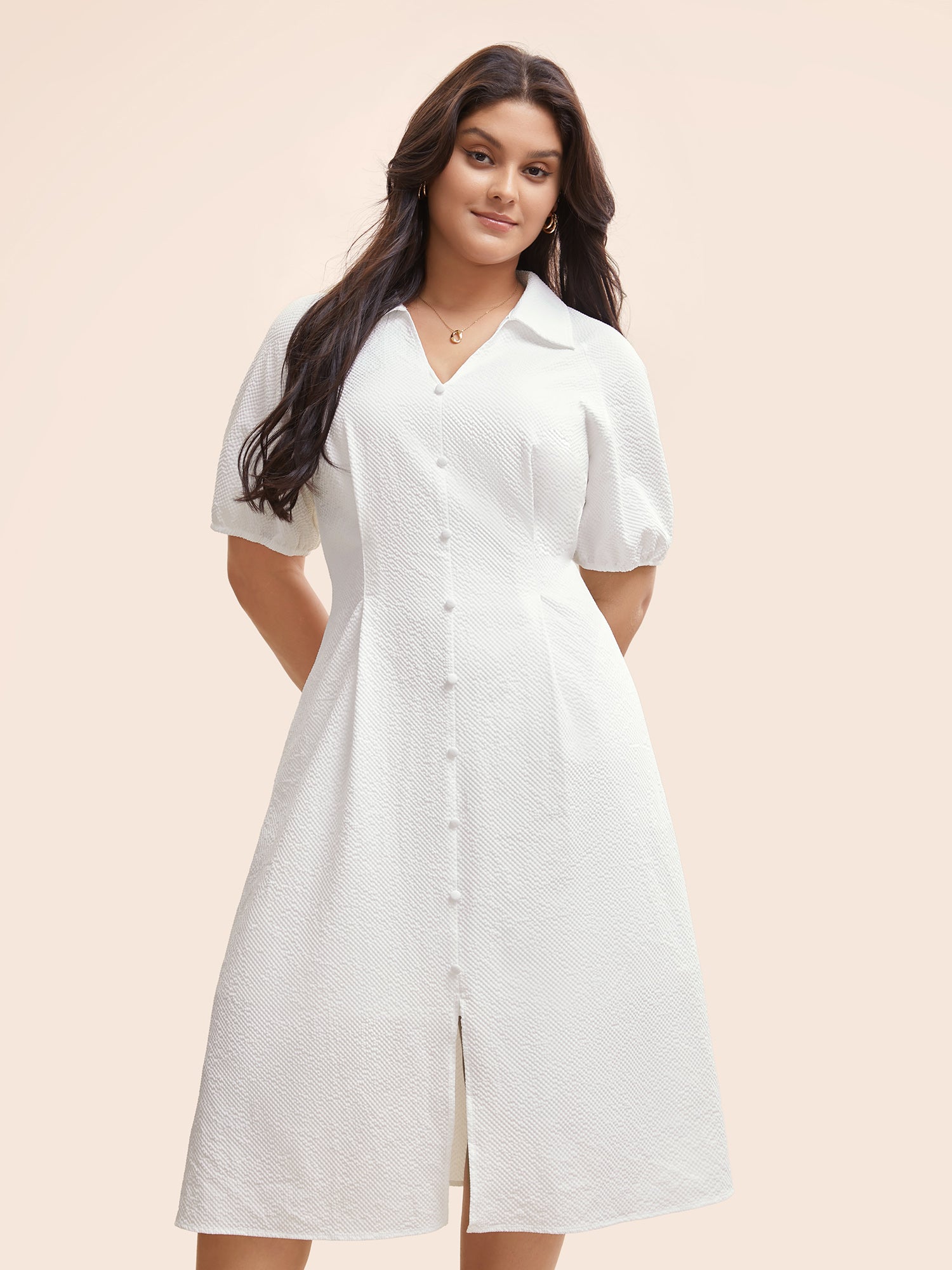 Texture Shirt Collar Button Detail Split Front Dress