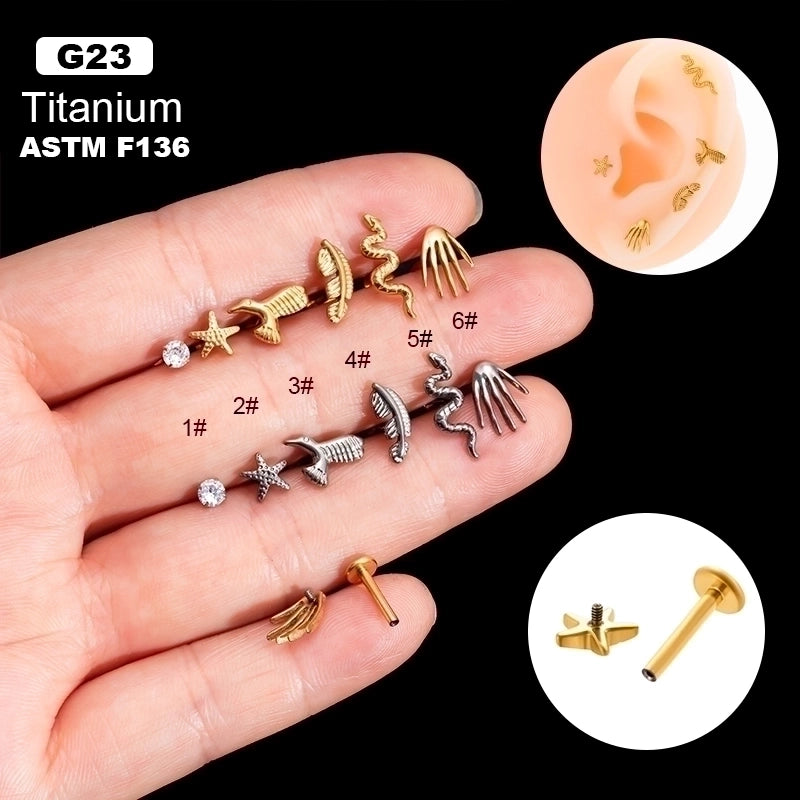 1 Piece Ear Cartilage Rings & Studs IG Style Vintage Style Palm Feather Snake Pure Titanium Plating Inlay Zircon