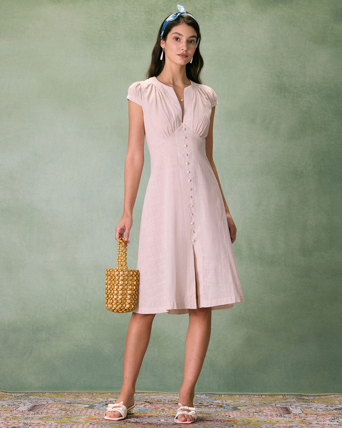 The Beige Cap Sleeve Split Hem Midi Dress