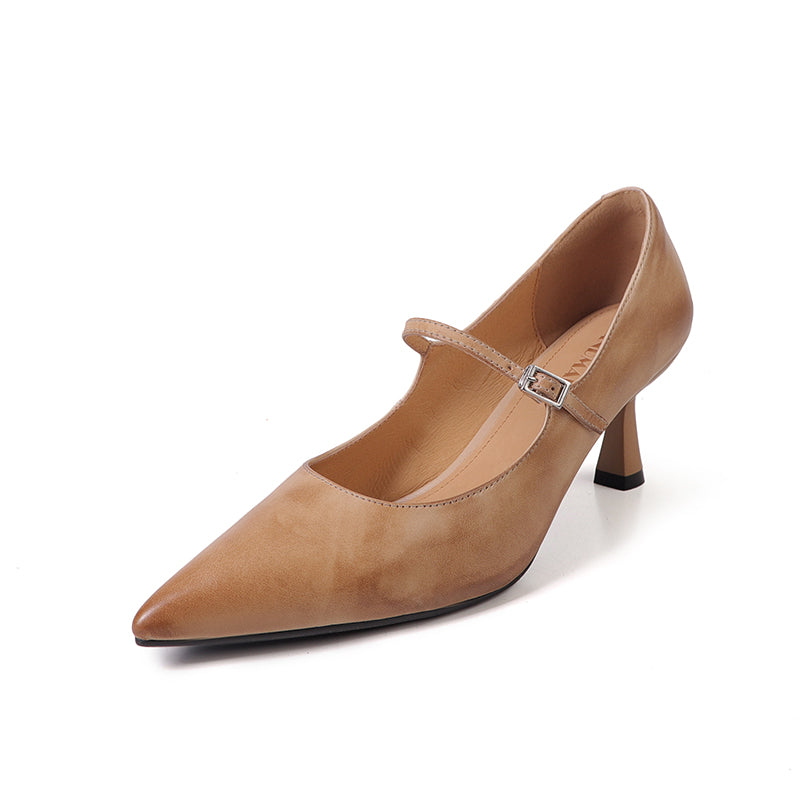 Elegant Mary Jane Pumps Pointed Toe 65mm Stiletto Leather Heels for Evening Dresses in Black/Brown/Apricot
