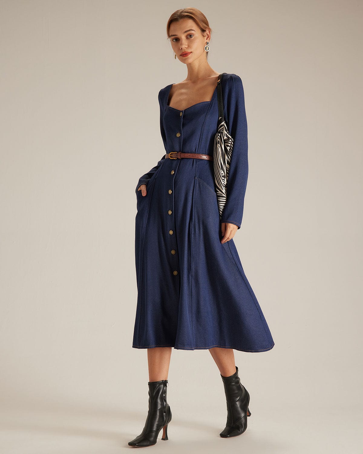 The Navy Sweetheart Neck Button Midi Dress