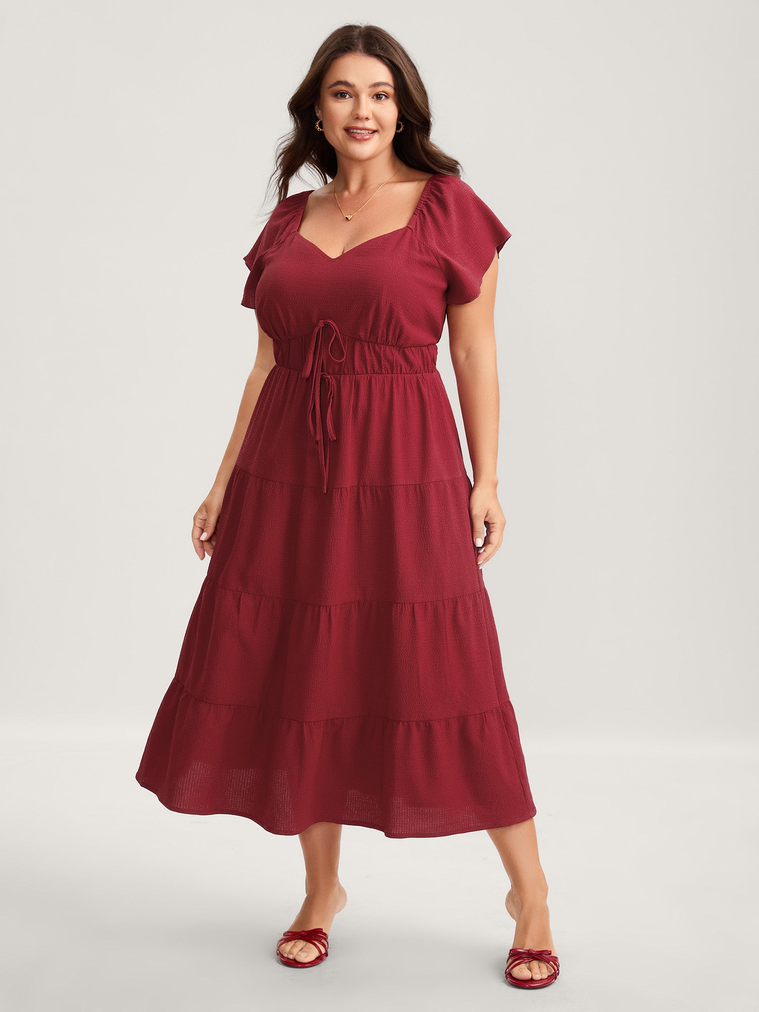Stretchy Waist Tiered Solid Midi Dress